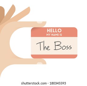 Hello my name is The Boss. Businessman hand holding business card with text. Concepts: employment, recruitment, jobs, career, introduction, company leadership, success, startups