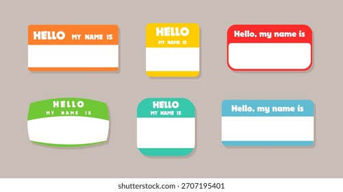 Hello my name is - introduction sticker template set or name badge design for events. Colorful name sticker collection vector.