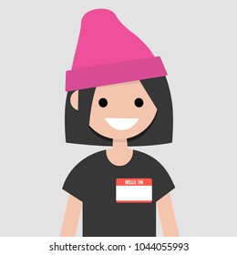 "Hello, my name is" badge. Portrait of young female character introducing herself/ Flat editable vector illustration, clip art