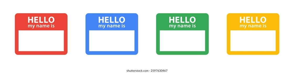 Hello, my name is. Name label sticker with an inscription Hello my name is. Red, yellow, green, blue name tag, cards - stock vector.