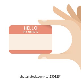 "Hello, my name is" sticker or personal business ID card in human (employee) hands. Idea - Personal Identify card on web site, interview, first dating, introduction, presentation (job, career) etc.