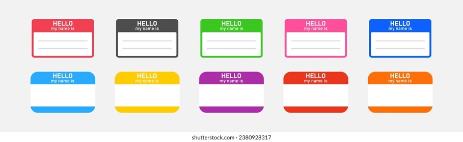 Hello my name is, sticker label set. Meeting, introduction, vector flat colored illustration, EPS 10.