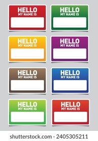 Hello my name is. Tag of hello. Sticker or card with my name tag. Label with hi. Paper card for identification teacher, speaker on meet and corporate.