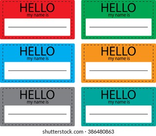 Hello My Name Is Sticker Icon Set Color. Name Tag, Name Card, Baby Names, Name Plate, List Of Names, My Name Is, Registration And Inscription, Paper Welcome Identity. Vector Design Illustration