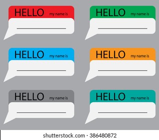 Hello My Name Sticker Set Color. Name Tag, Name Card, Baby Names, Name Plate, List Of Names, My Name Is, Identification Meet, Conference Identity, Presentation And Greeting. Vector Flat Illustration