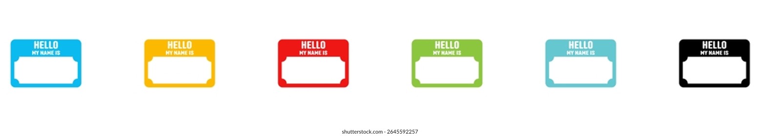 Hello my name is sticker tag vector. Hello my name is name tag blank template. Hello my name cards set.