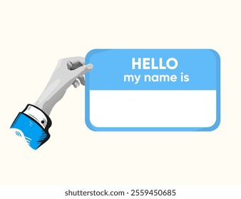 Hello my name is Template. Card in hand. Personal Identify card hold in hand businessman. Collage Art Vector illustration . Creative concept for web banner, social media banner