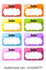 Hello name badge. Bright stickers. Rectangular label. Color vector isolated illustration.