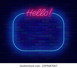 Hello neon announcement. Welcome blue border. Night show poster. Night club shiny advertising. Ellipse frame on brick wall. Simple poster. Copy space. Bright flyer. Vector stock illustration