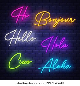 Hello, neon calligraphy. Neon letters of greeting phrase in different languages. Vector