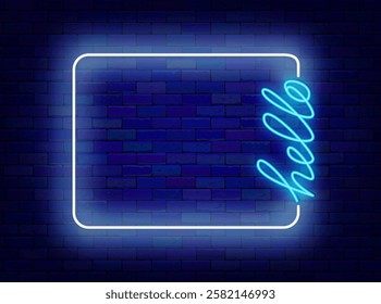 Hello neon flyer. Welcome sign. Ocean shore party. Night club dance. Empty white frame. Vector stock illustration