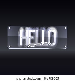 Hello. Neon glowing signboard. Text on color background. Illustration for your business, bar, restaurant, cafe, night club