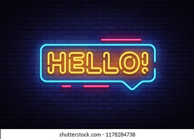 Hello Neon Text Vector. Hello neon sign, design template, modern trend design, night neon signboard, night bright advertising, light banner, light art. Vector illustration