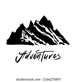 Hello New Adventures hand drawn grunge t-shirt print with mountains. Hiking and travelling vintage badge. Vector illustration