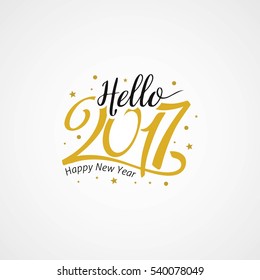 Hello New Year 2017 golden typography on white background. Greeting card design with hand lettering inscription for winter holidays. Vector  illustration 