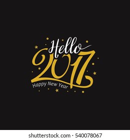 Hello New Year 2017 golden typography on black background. Greeting card design with hand lettering inscription for winter holidays. Vector  illustration 