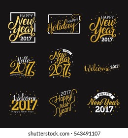 Hello New Year 2017, Happy New Year 2017 golden typography on Black background. Greeting card design with hand lettering inscription for winter holidays. Vector illustration 