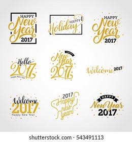 Hello New Year 2017, Happy New Year 2017 golden typography on white background. Greeting card design with hand lettering inscription for winter holidays. Vector illustration 