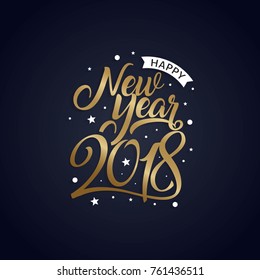 Hello New Year 2018 golden typography on dark background. Greeting card design with hand lettering inscription for winter holidays. Vector illustration 