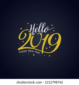 Hello New Year 2019 golden typography. Greeting card design with hand lettering for winter holidays. Vector illustration 