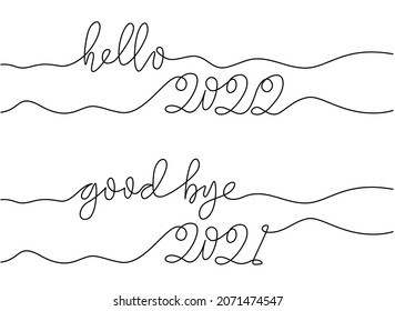 Hello new year 2022 logo text design and good bye 2021 .Vector illustration with black lines isolated on white background