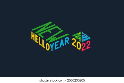 Hello New Year 2022. Trendy perspective style label. Contemporary minimalistic design for holiday promotional. Vector graphics
