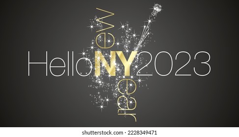Hello New Year 2023 golden and white elegant black light typography lettering sparkle firework on black background banner