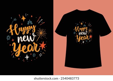 HOLA AÑO NUEVO - Feliz año nuevo diseño de la camiseta y cortar archivos, año Nuevo pegatinas citas diseños de camisetas, año nuevo letras de mano tipografía Ilustración vectorial con fuegos artificiales