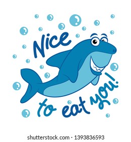 Hello, nice to (M)eat you!' funny vector text quotes and shark drawing. Lettering poster or t-shirt textile graphic design. / Cute shark character illustration.