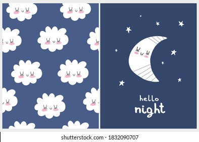 Hello Night. Lovely Vector Illustration with Dreamy New Moon and Stars on a Blue Night Sky. Cute Seamless Vector Pattern with White Fluffy Clouds Isolated on a Dark Blue Background. Baby Shower Print.