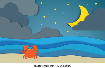 hello night summer with beach landscape background and crab. paper art style. vector Illustration.