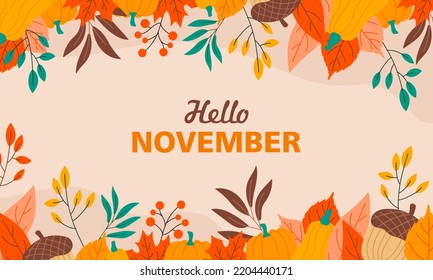 Hello November, Autumn Background, Autumn greetings Banner with floral illustration