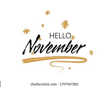 Hello November autumn seasonal calligraphic banner vector design with falling dry leaves. Greeting card with Hello November lettering calligraphy, brush stroke curve element. Seasonal autumn poster.