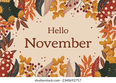 Hello November background design with different leaves branches, warm socksa and red vacuum flask, red berry on twig, copy space. Fall concept backdrop frame with foliage.