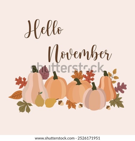 Hello November banner with pumpkins. Hello November  text with pumpkin. Hello November poster, flyer, card design template with pumpkins seeds. 