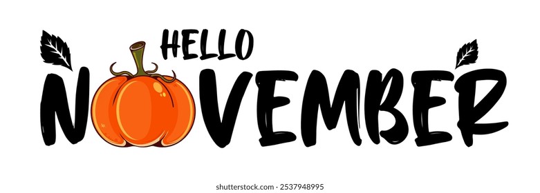 Hello November black text with pumpkin isolated on transparent background. Hello November text sticker png, label png, banner, poster design template