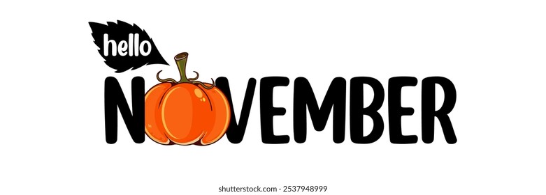 Olá novembro texto preto com abóbora isolada no fundo transparente. Hello November texto adesivo png, etiqueta png, banner, modelo de design de pôster