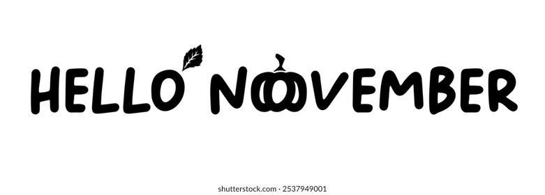 Hello November black text with pumpkin isolated on transparent background. Hello November text sticker png, label png, banner, poster design template