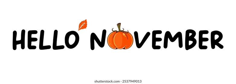 Olá novembro texto preto com abóbora isolada no fundo transparente. Hello November texto adesivo png, etiqueta png, banner, modelo de design de pôster