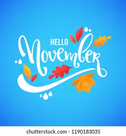 hello November, bright fall leaves and lettering composition flyer or banner template