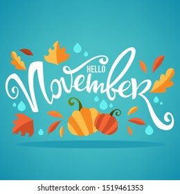 hello November, bright fall leaves and lettering composition flyer or banner template