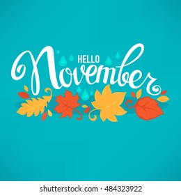 hello November, bright fall leaves and lettering composition flyer or banner template