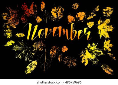 hello November, bright fall leaves and lettering