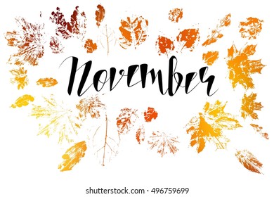 hello November, bright fall leaves and lettering