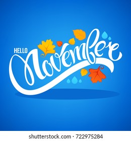 hello November, bright fall leaves and lettering composition flyer or banner template