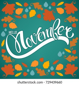 hello November, bright fall leaves and lettering composition flyer or banner template