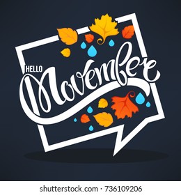 hello November, bright fall leaves and lettering composition flyer or banner template on dark background