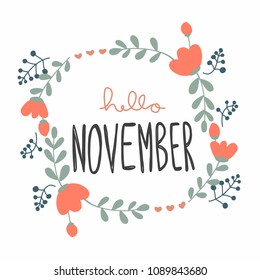 Hello November cute flower wreath vector illustration doodle style