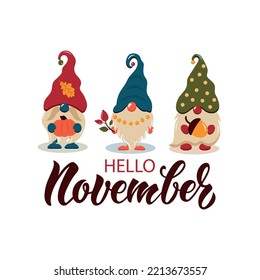 Hello november handwritten phrase. Hand lettering and colorful illustration of cute gnomes as card, poster, emblem, banner for holidays. Seasonal greetings. Autumn mood. Vector brush calligraphy