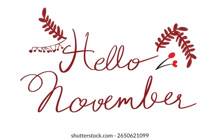 Olá novembro mês texto fonte caligrafia escrita à mão alfabetização script marrom preto cor objeto ícone folha planta cereja vermelho desenho elemento gráfico design Ação de Graças outono outono estação bordo banner